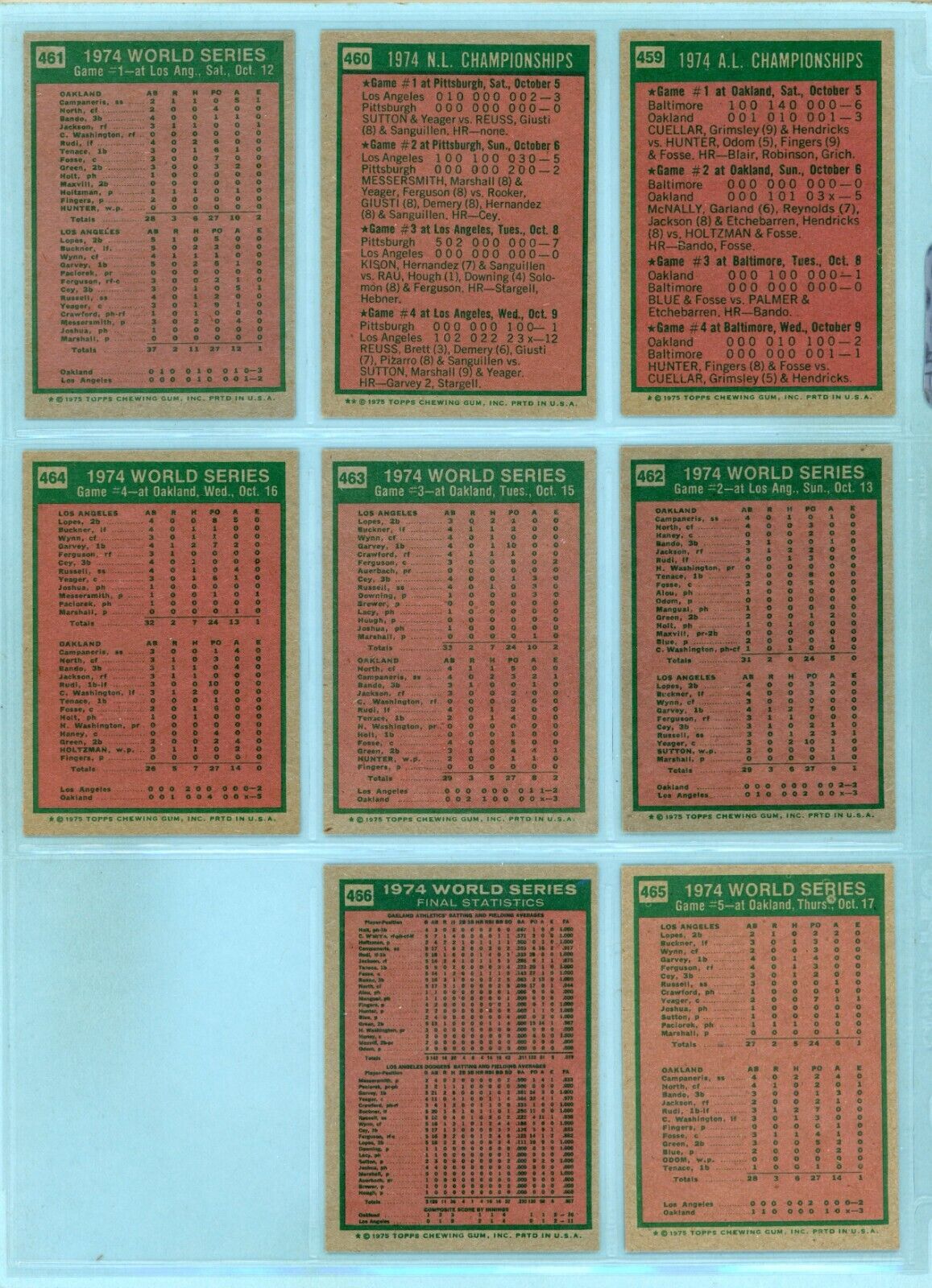 1975 Topps Set of 8 1974 ALCS, NLCS, World Series Special Baseball Cards E/M-NM