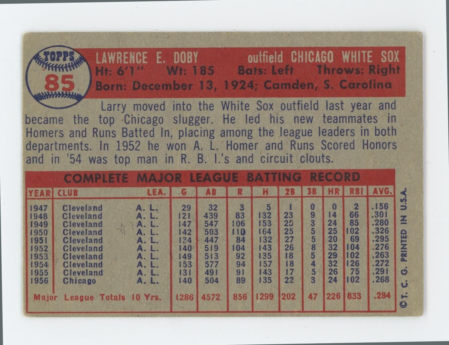 1957 Topps #85 Larry Doby Chicago White Sox Baseball Card VG o/c