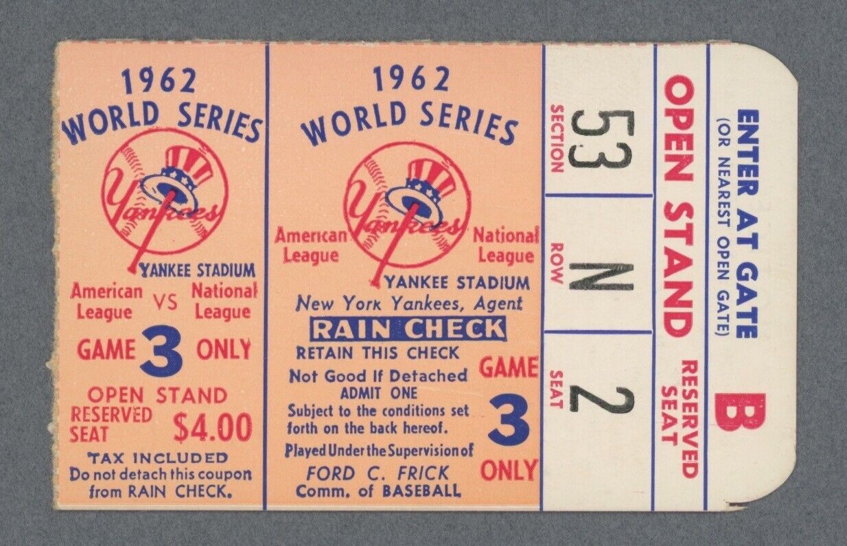 1962 World Series Ticket Stub NY Yankees vs San Francisco Giants Yankee Stadium