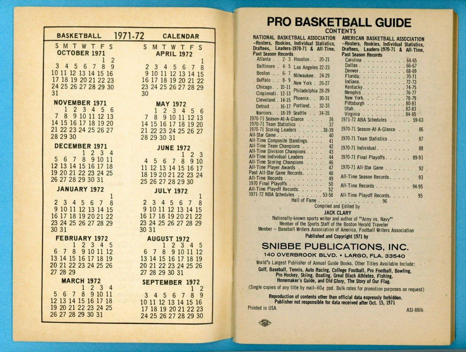 1971-72 Sports Guide Series NBA - ABA Pro Basketball Guide