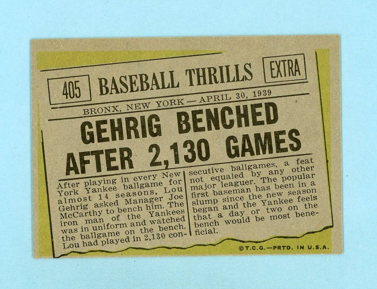 1961 Topps #405 Lou Gehrig New York Yankees Baseball Card NM o/c