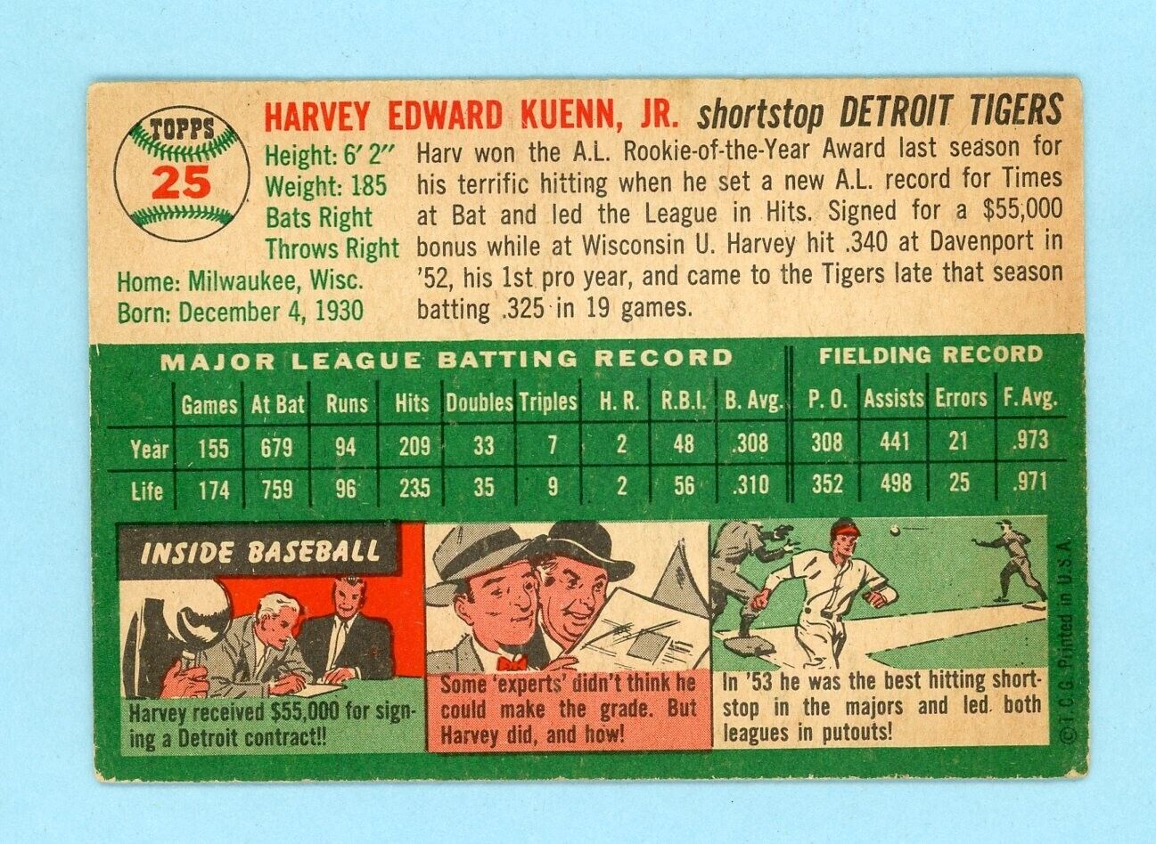 1954 Topps #25 Harvey Kuenn Detroit Tigers Rookie Baseball Card EX