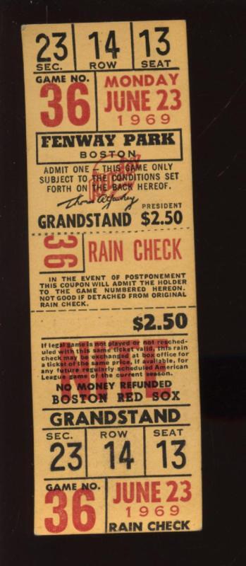 6-23 1969 Boston Red Sox Fenway Park Full Ticket EXMT