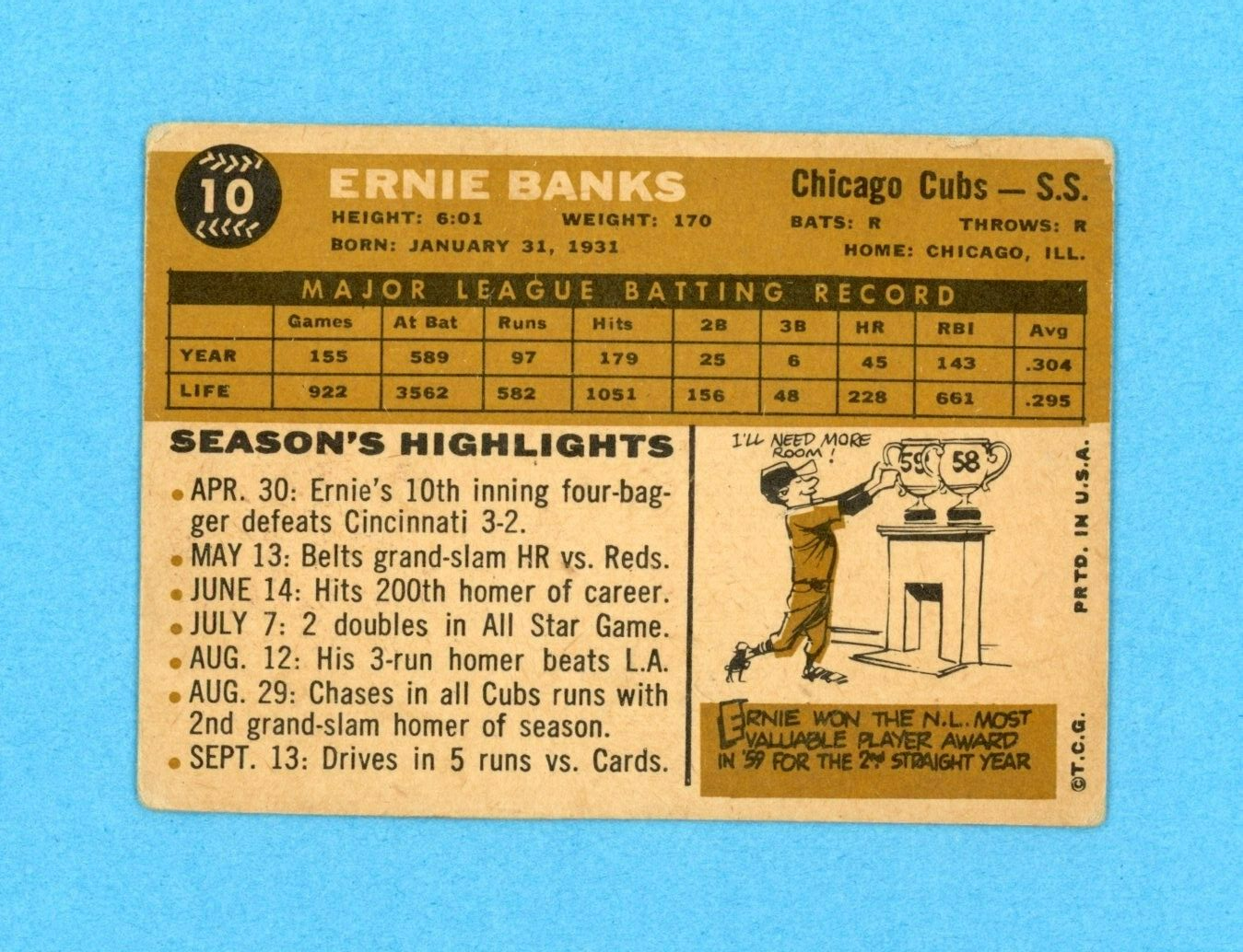 1960 Topps #10 Ernie Banks Chicago Cubs Baseball Card VG