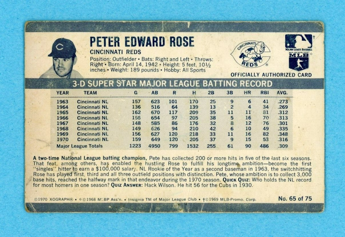 1971 Kelloggs 3-D #65 Pete Rose Cincinnati Reds Baseball Card Low Grade