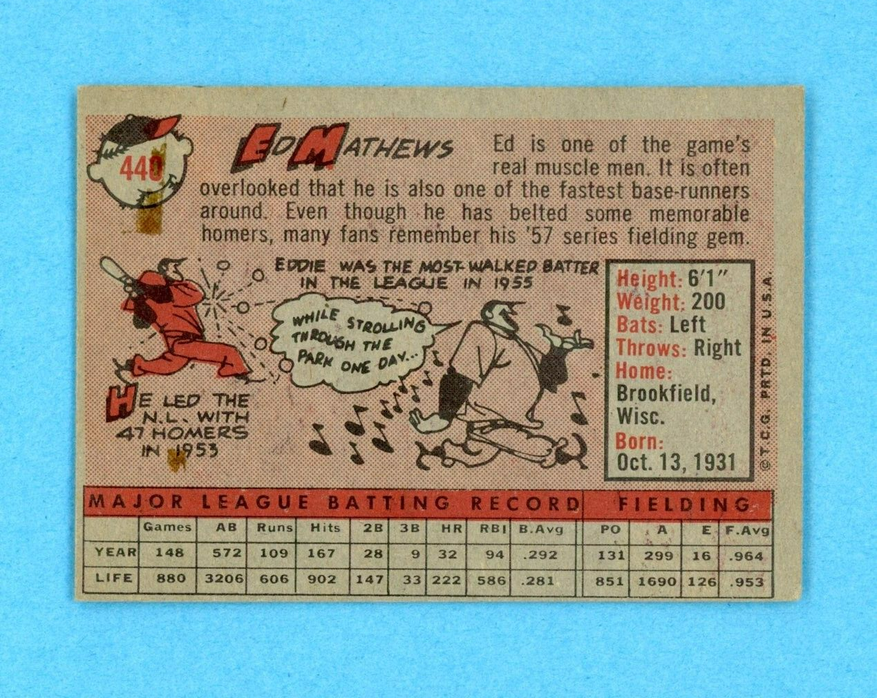 1958 Topps #440 Eddie Mathews Milwaukee Braves Baseball Card Low Grade