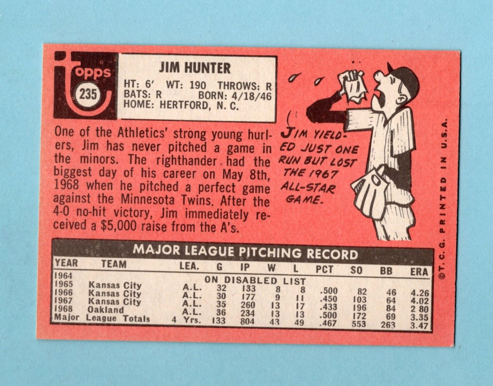 1969 Topps #235 Catfish Hunter Oakland Athletics Baseball Card Ex/Mt