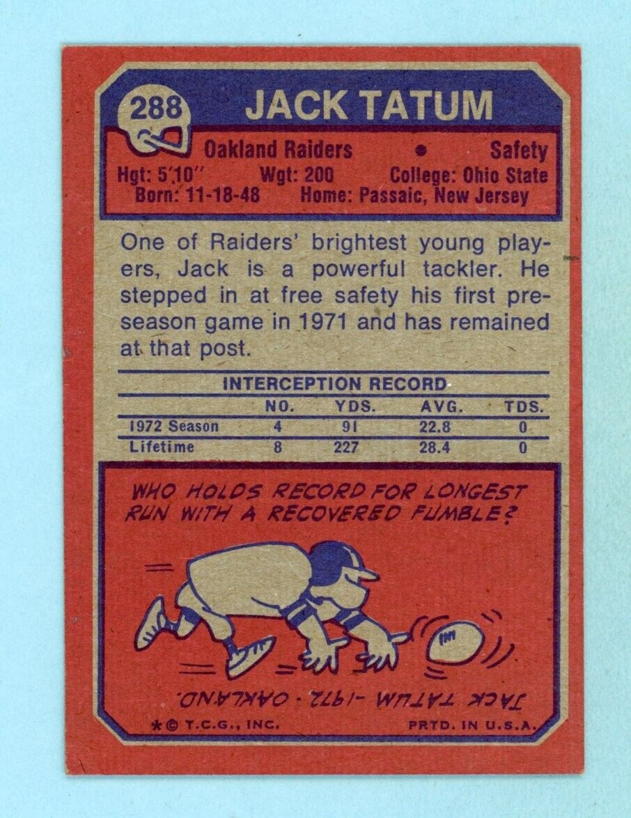 1973 Topps #288 Jack Tatum Oakland Raiders Rookie Football Card EX+-Ex/Mt pt mk