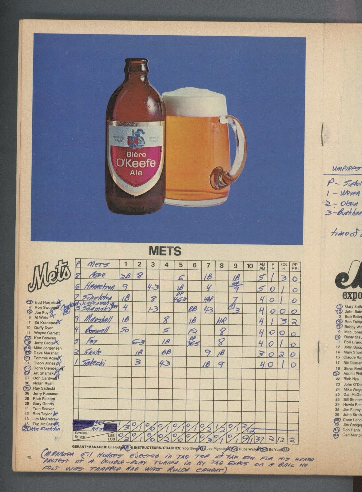 1970 Montreal Expos Baseball Magazine Scorebook Program vs NY Mets - scored