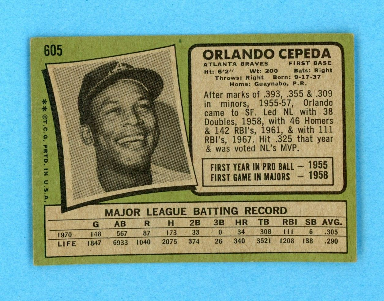 1971 Topps #605 Orlando Cepeda Atlanta Braves Semi-High Number Baseball Card EX