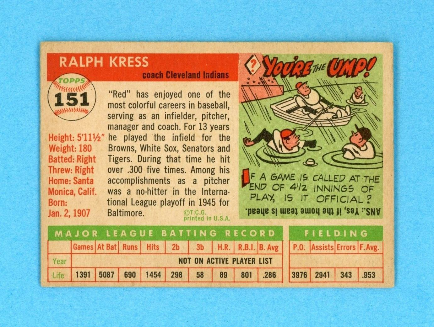 1955 Topps #151 Red Kress Cleveland Indians Baseball Card EX+ o/c