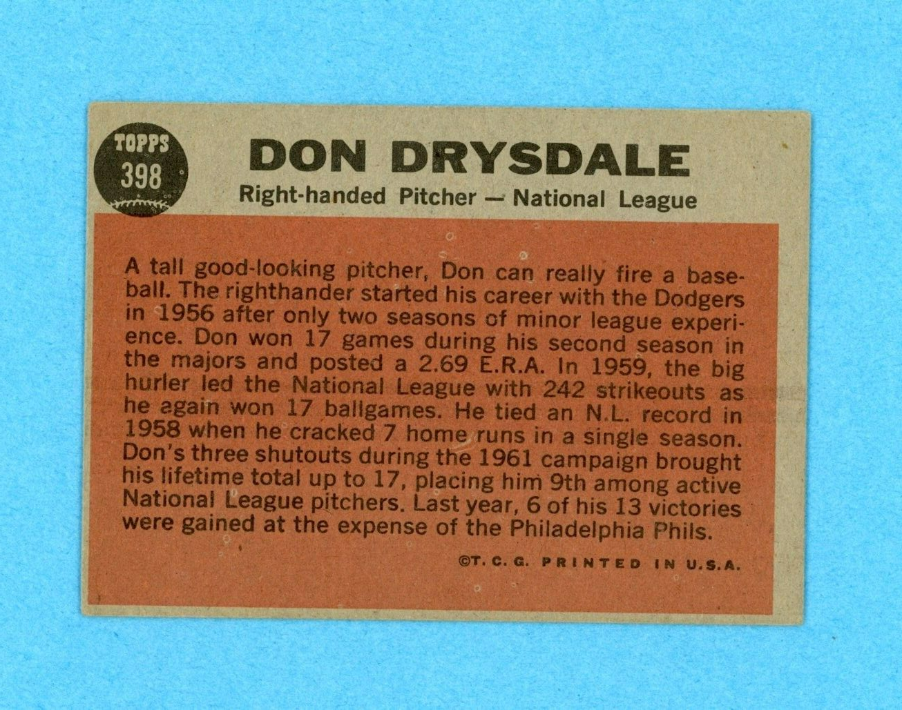 1962 Topps #398 Don Drysdale All-Star Los Angeles Dodgers Baseball Card Vg/Ex