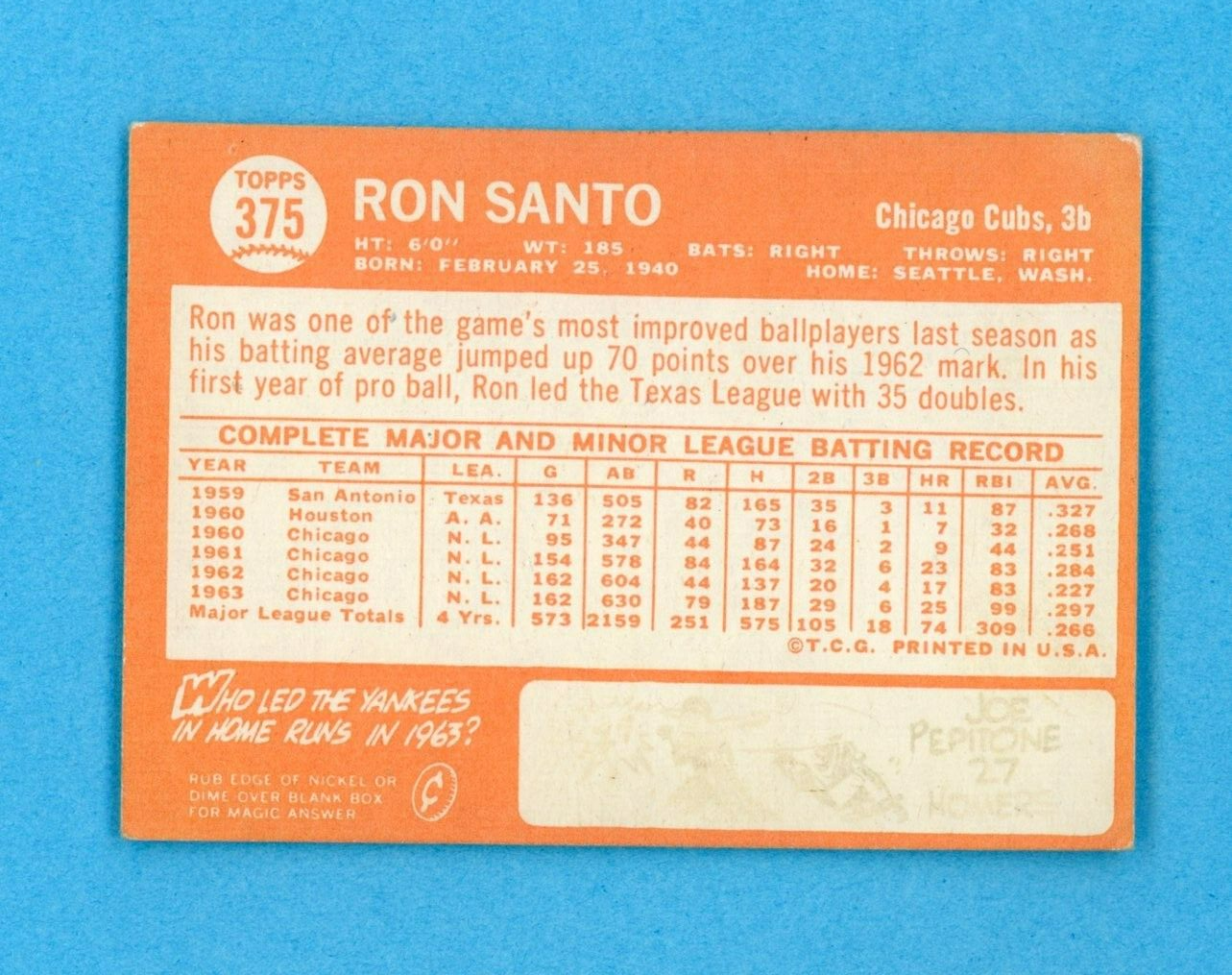 1964 Topps #375 Ron Santo Chicago Cubs Baseball Card Vg/Ex