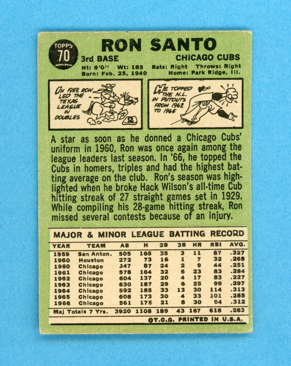 1967 Topps #70 Ron Santo Chicago Cubs Baseball Card Vg/Ex