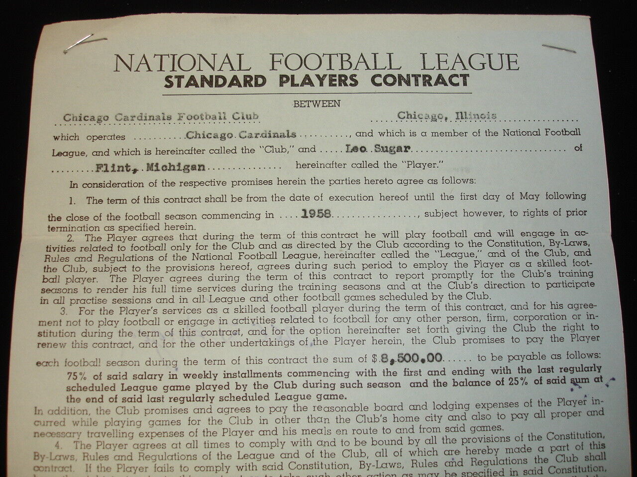 Original 1958 Leo Sugar Chicago Cardinals Signed NFL Players Contract