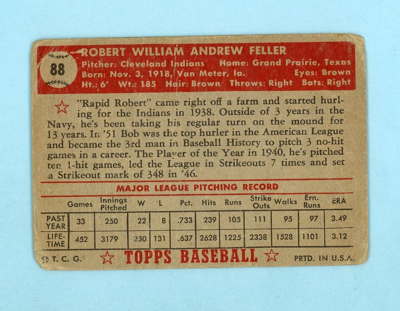 1952 Topps #88 Bob Feller Cleveland Indians Baseball Card Low Grade