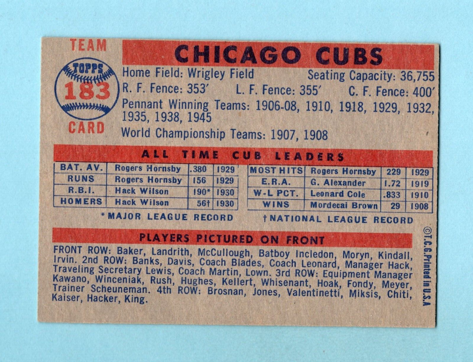 1957 Topps #183 Chicago Cubs Team Baseball Card NM o/c