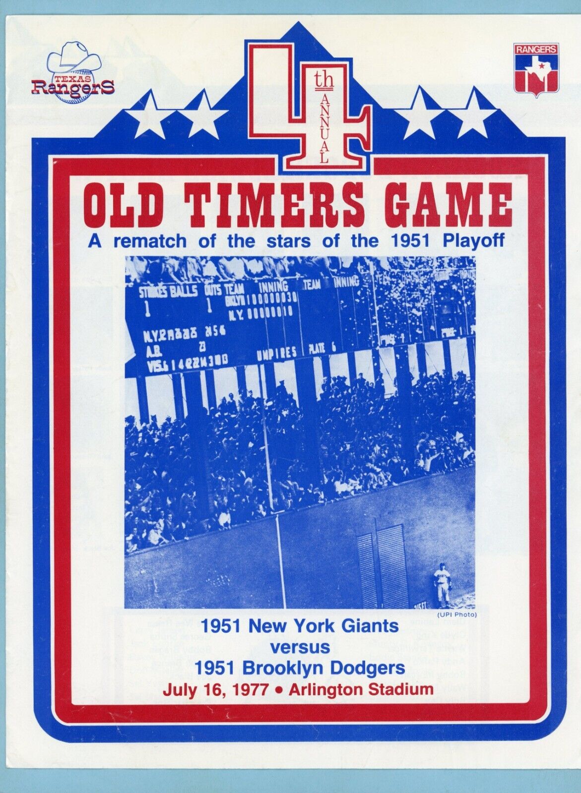 4th Annual Old Timers Game July 16, 1977 Program at Arlington Stadium 4 pages