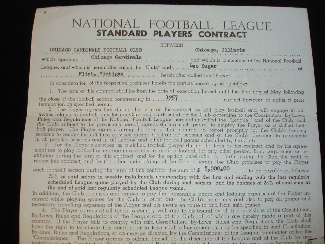 Original 1957 Leo Sugar Chicago Cardinals Signed NFL Players Contract