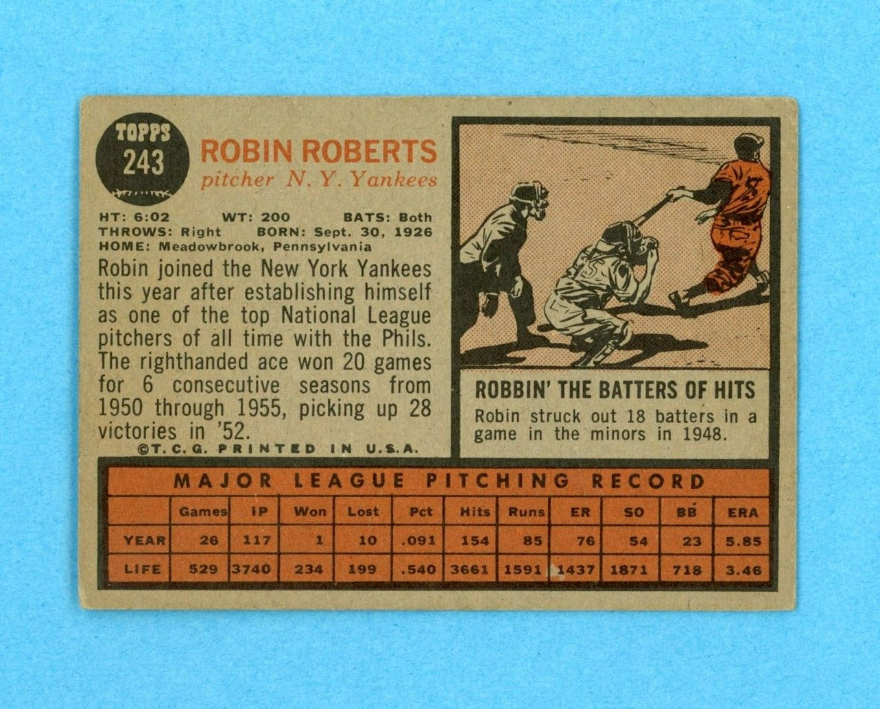 1962 Topps #243 Robin Roberts New York Yankees Baseball Card Vg-Vg+