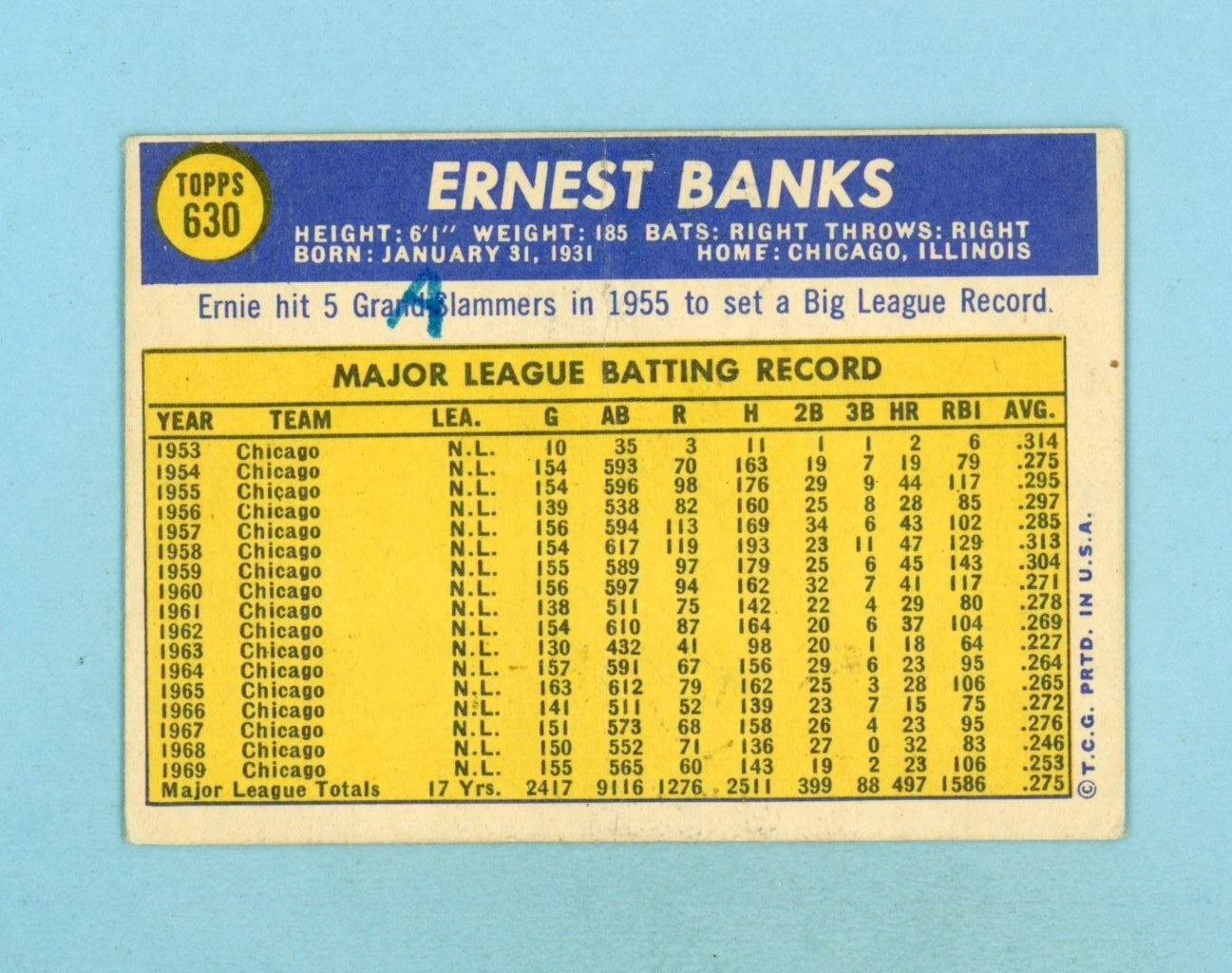 1970 Topps #630 Ernie Banks Chicago Cubs Baseball Card Low Grade