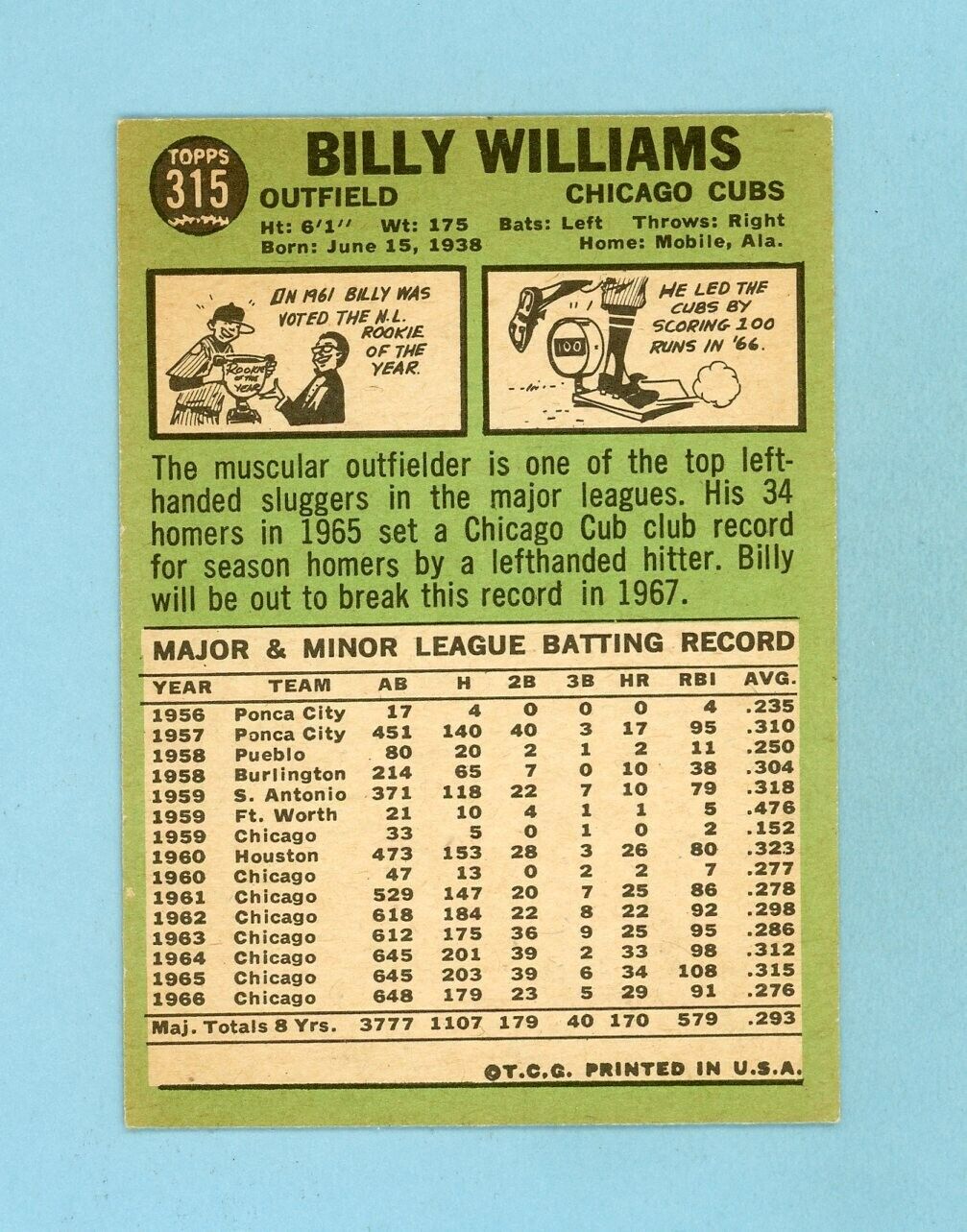 1967 Topps #315 Billy Williams Chicago Cubs Baseball Card Ex/Mt lht ind ab