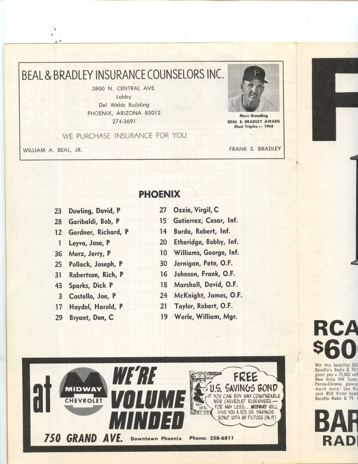 1967 Minor League Baseball Program Phoenix Giants EXMT