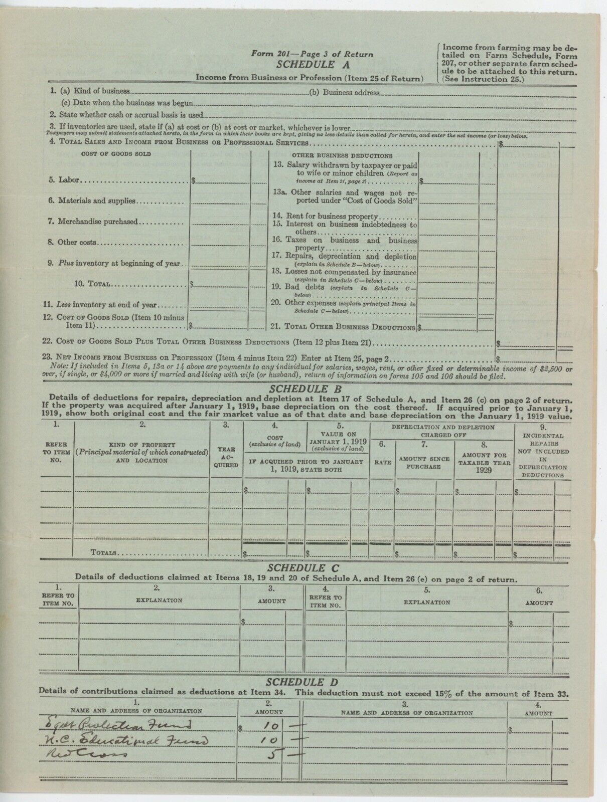 Original UNSIGNED 4 Page 1929 Tax Return Form of Ed Barrow • Yankees Executive