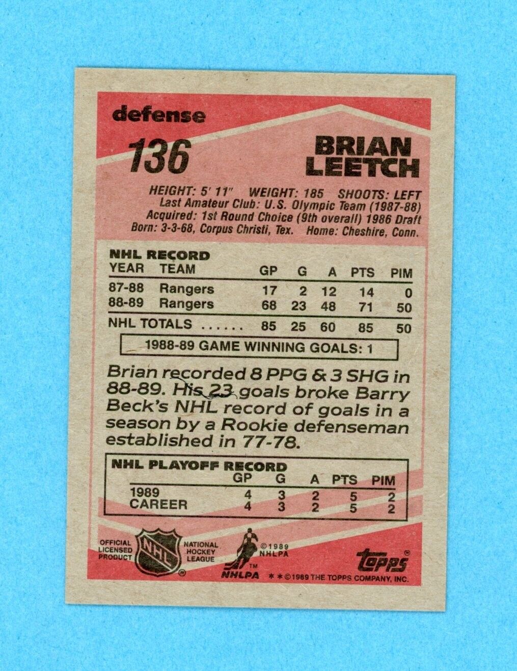 Brian Leetch New York Rangers 1989-90 Topps #136 Autographed Rookie Hockey Card