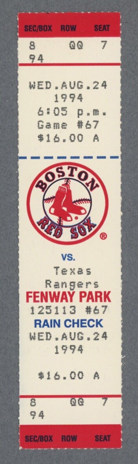 8/24/94 Texas Rangers vs Boston Red Sox at Fenway Park Full Ticket - MLB STRIKE!