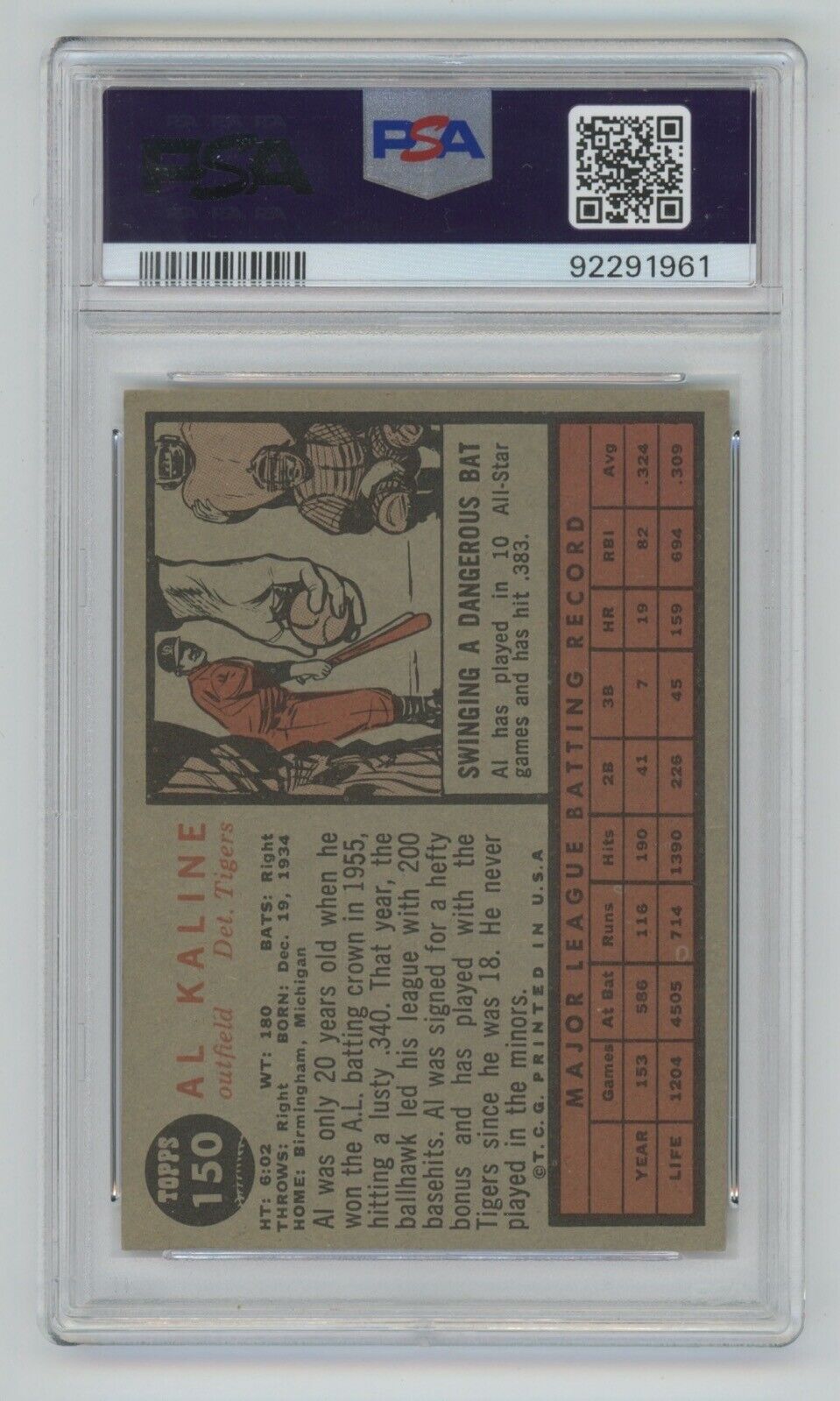 Al Kaline 1962 Topps Card #150 • PSA 6 EX-MT