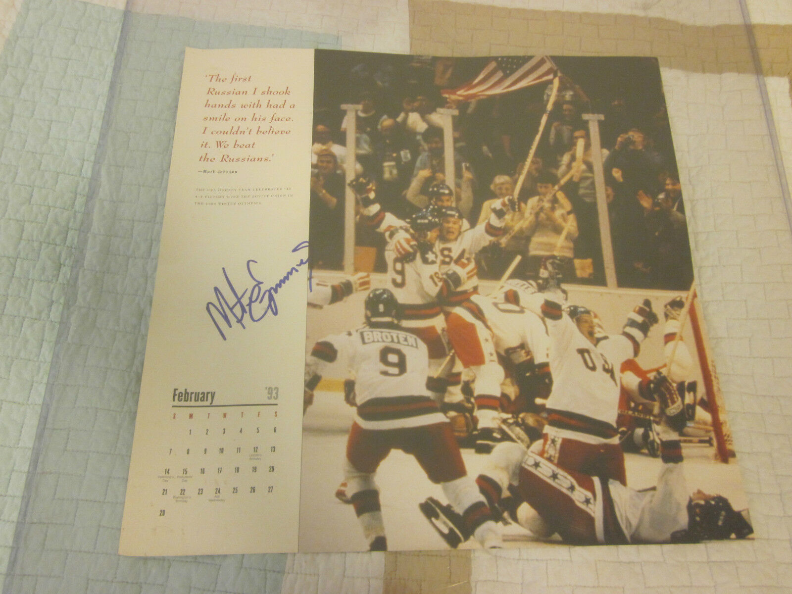 Feb. 1993 Mike Eruzione USA Hockey Calendar Poster Autographed Hologram