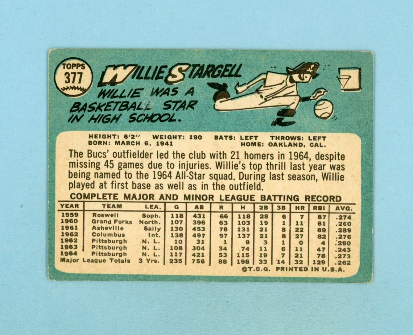 1965 Topps #377 Willie Stargell Pittsburgh Pirates Baseball Card VG+ lwls