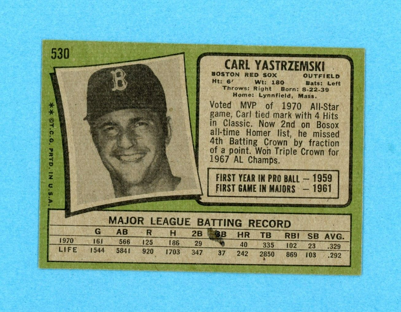 1971 Topps #530 Carl Yastrzemski Boston Red Sox Baseball Card Ex/Mt - NM str bk