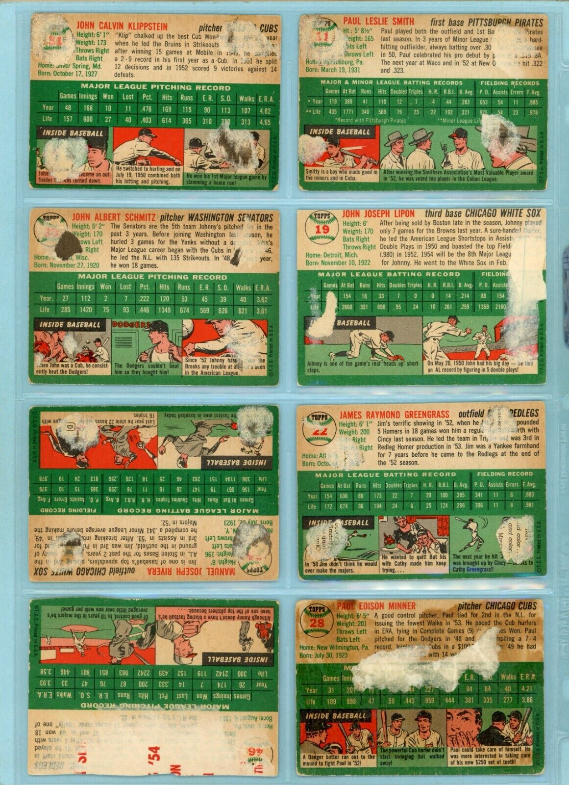 1954 Topps Starter Set Lot of 21 Different Baseball Cards Low Grade dmg bks