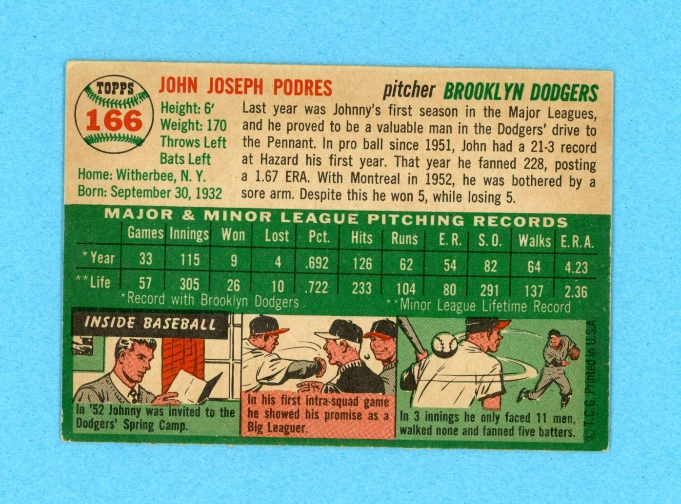 1954 Topps #166 Johnny Podres Brooklyn Dodgers Baseball Card EX+