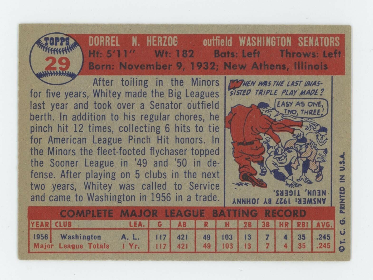 1957 Topps #29 Whitey Herzog Wash Senators Rookie Baseball Card E+ - E/M lht scr