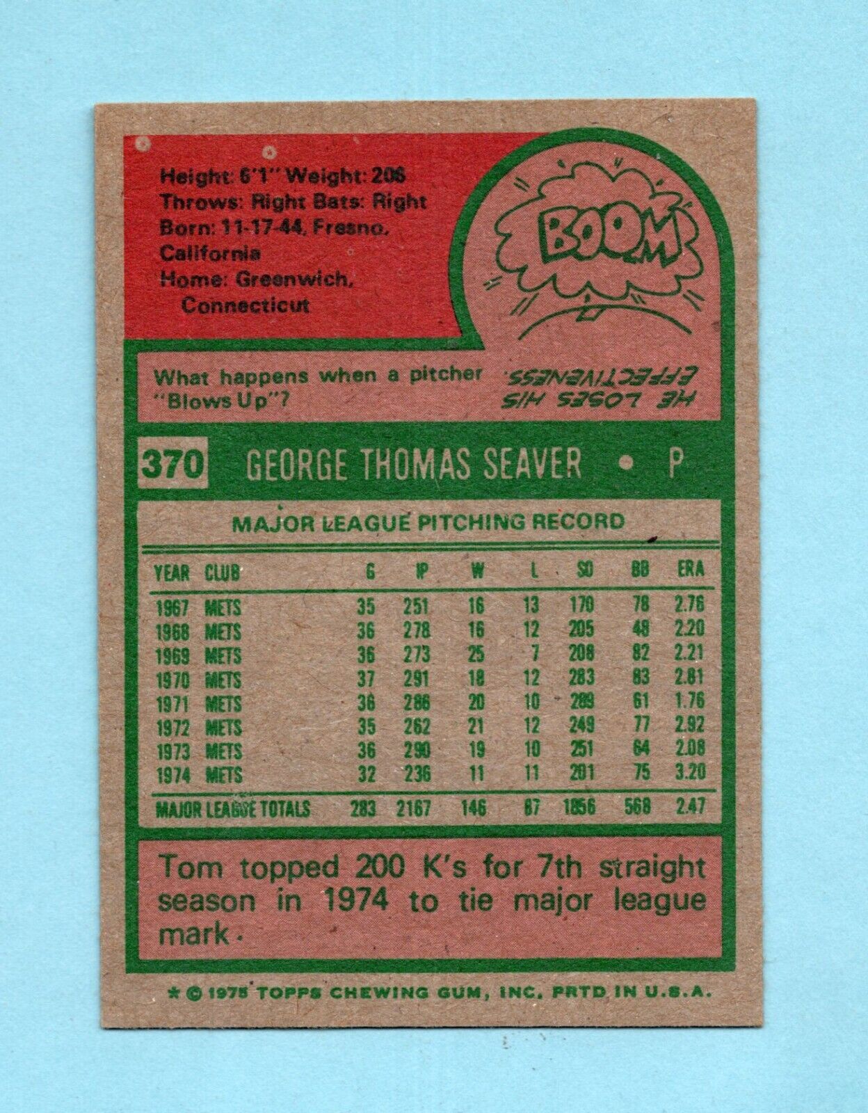 1975 Topps #370 Tom Seaver New York Mets Baseball Card EX