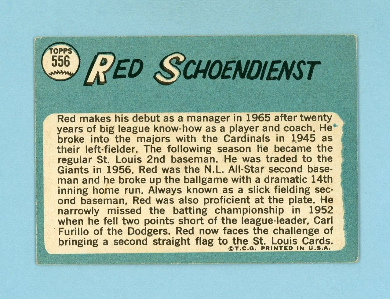 1965 Topps #556 Red Schoendienst St. Louis Cardinals Baseball Card EX