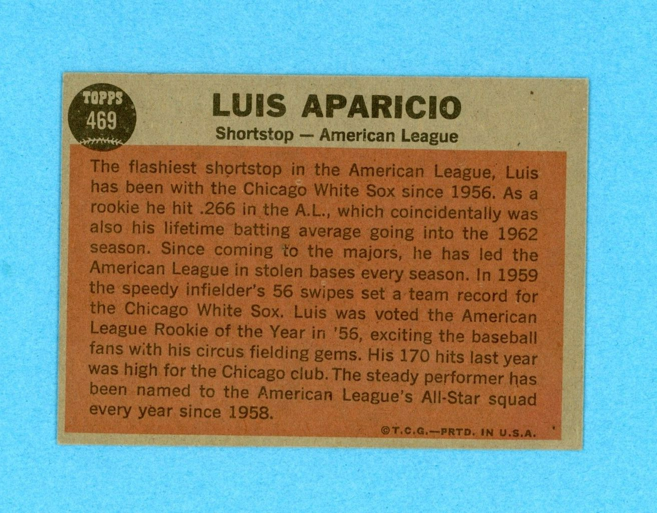 1962 Topps #469 Luis Aparicio All-Star Chicago White Sox Baseball Card EX