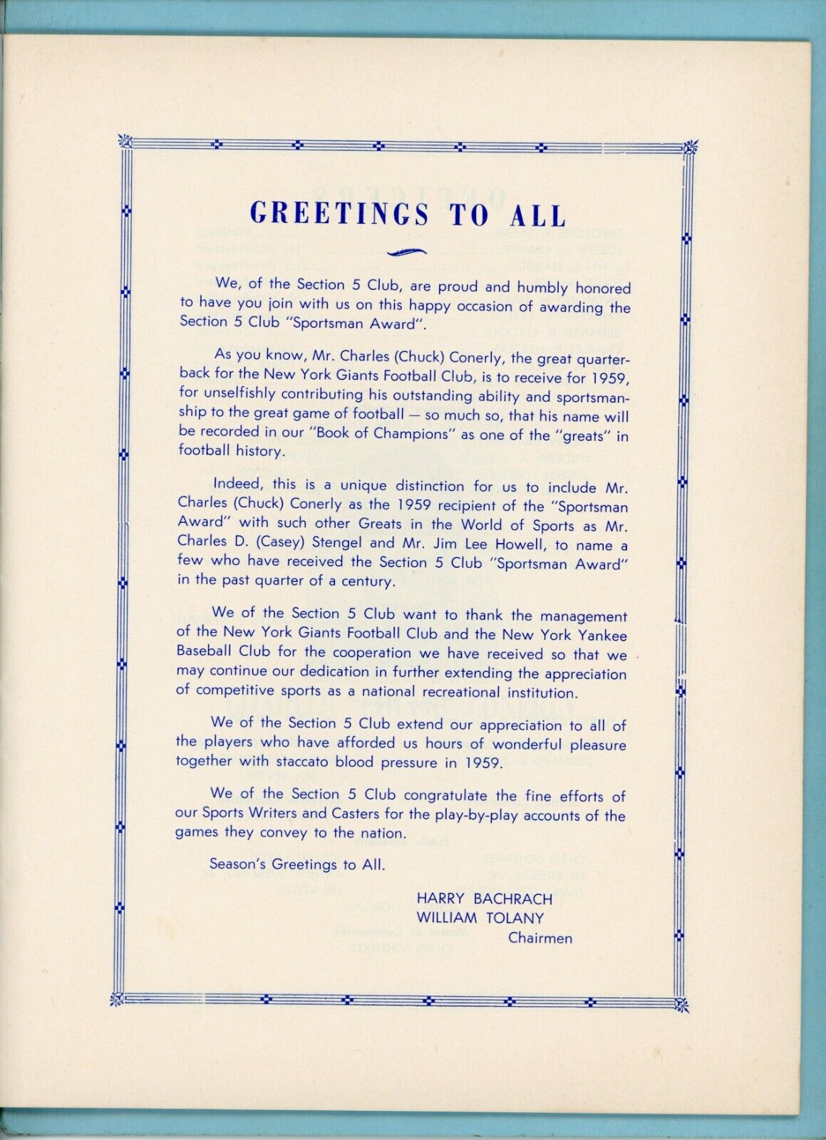 Section 5 Club of Yankee Stadium 20th Annual Sportsman Award Charlie Conerly