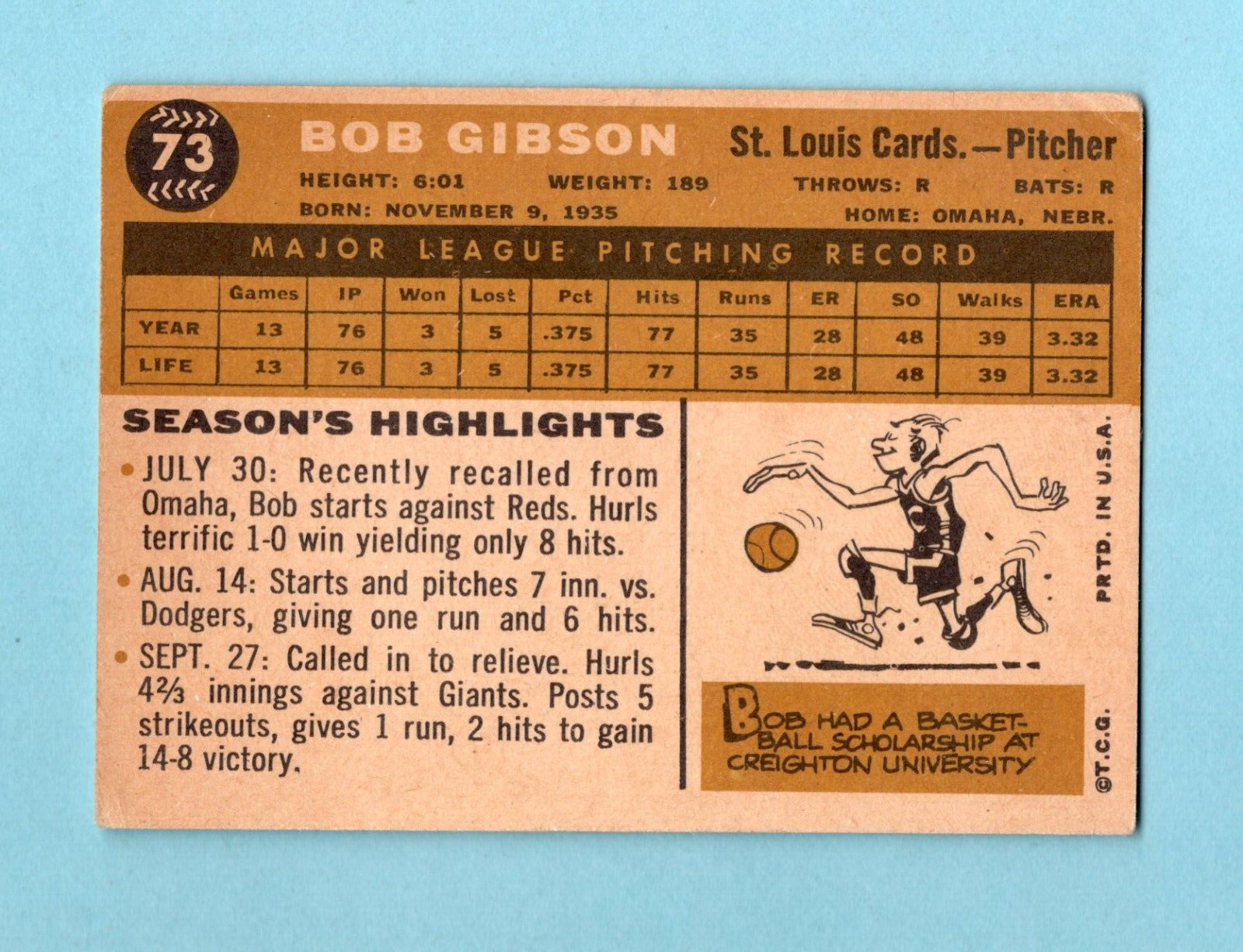 1960 Topps #73 Bob Gibson St. Louis Cardinals Baseball Card VG+ cres