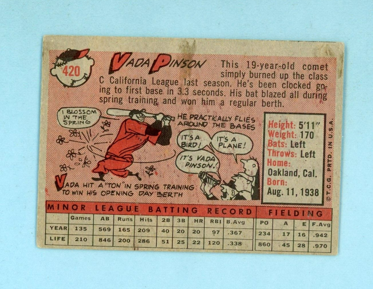 1958 Topps #420 Vada Pinson Cincinnati Redlegs Rookie Baseball Card EX o/c