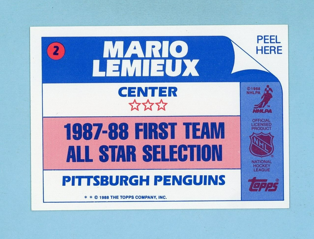 1988-89 Topps Sticker #2 Mario Lemieux Pittsburgh Penguins Hockey Card NM