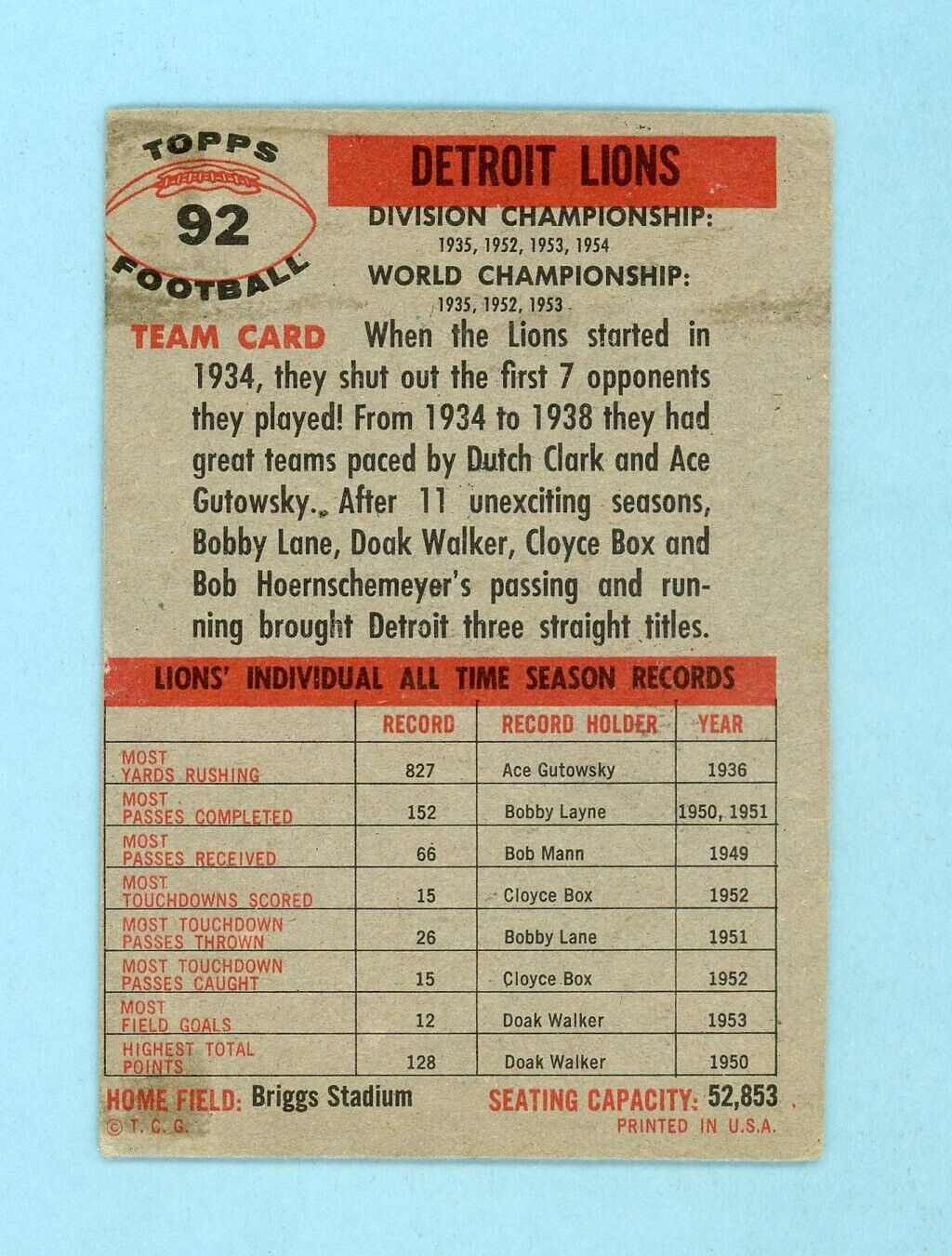 1956 Topps #92 Detroit Lions Team Football Card Vg/Ex app prt ln wrk/cres tr