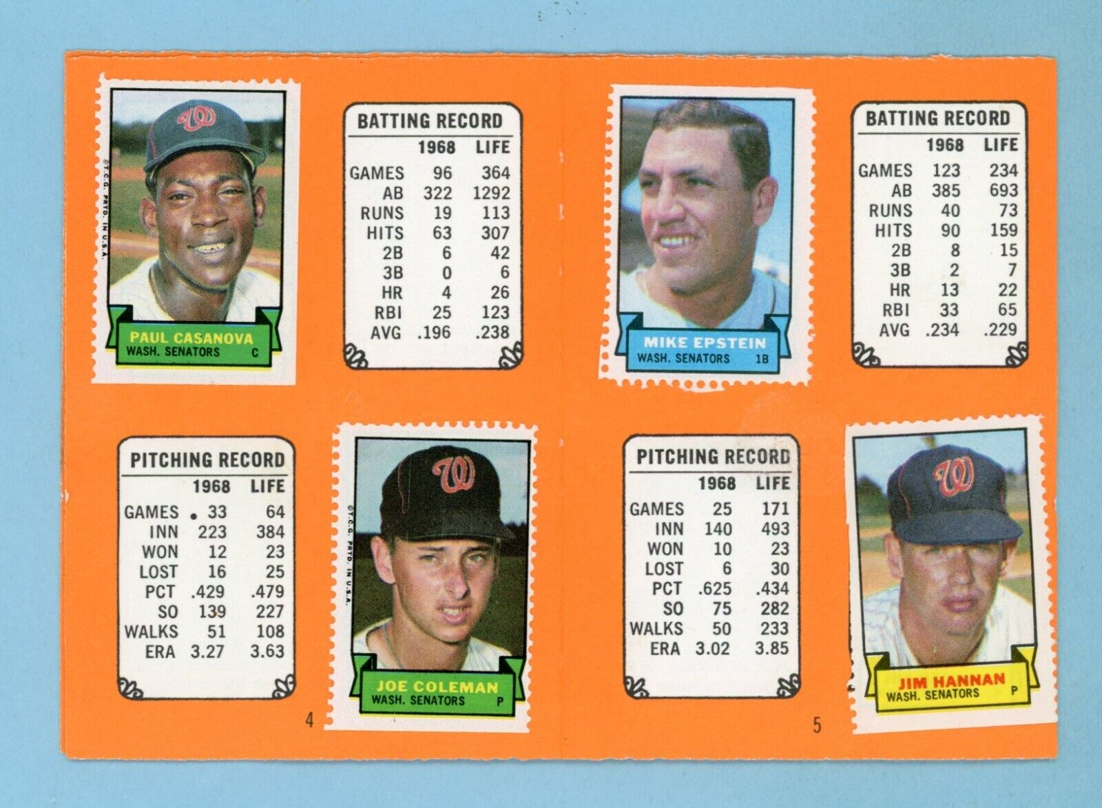 1969 Topps Stamps Washington Senators Complete Set of 10 Stamps with Album