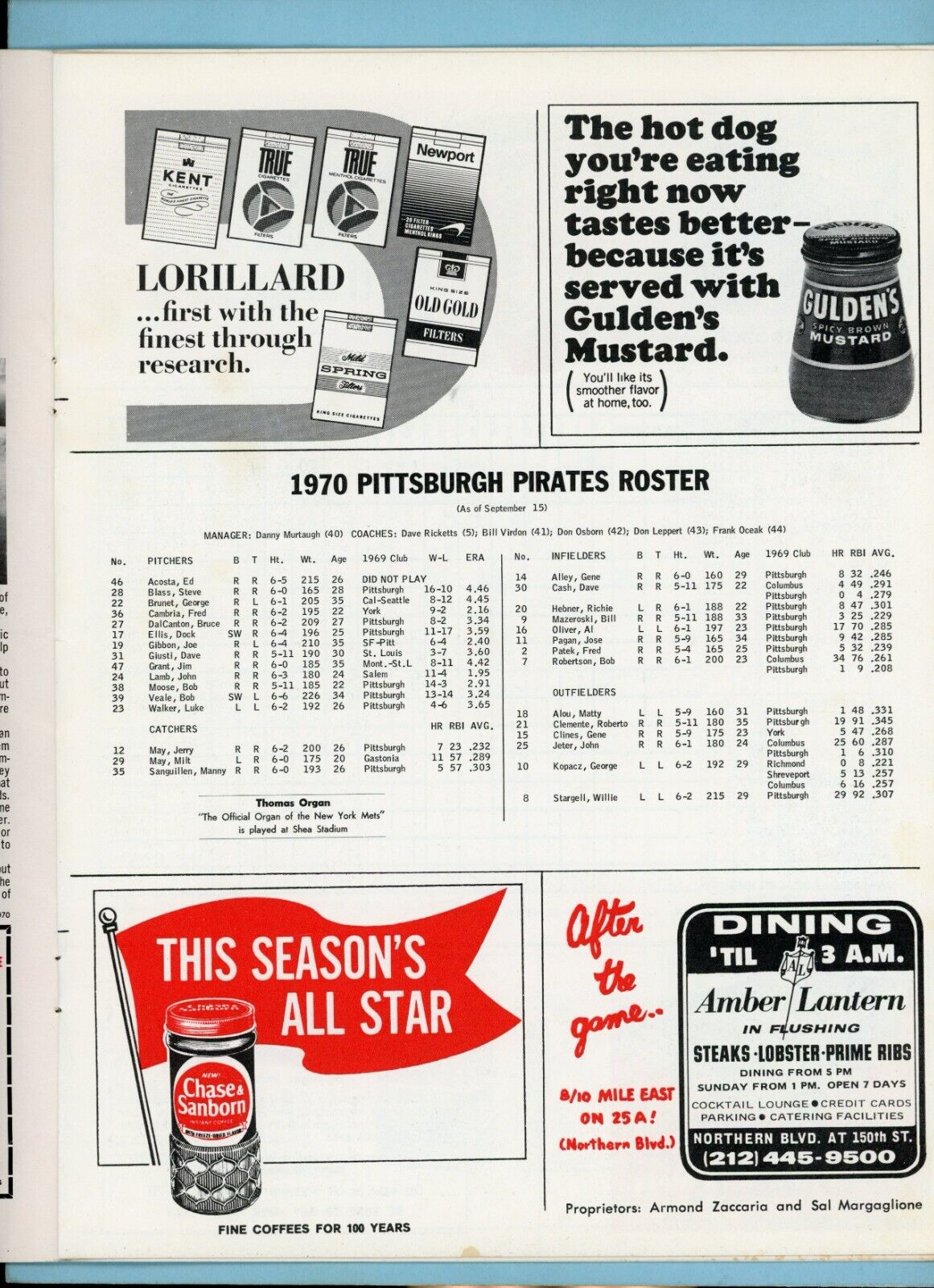 September 20, 1970 Pittsburgh Pirates vs New York Mets Program Jerry Koosman