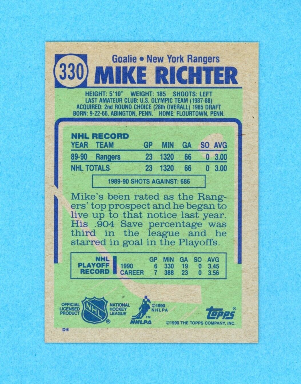 Mike Richter New York Rangers 1990-91 Topps #330 Autographed Rookie Hockey Card