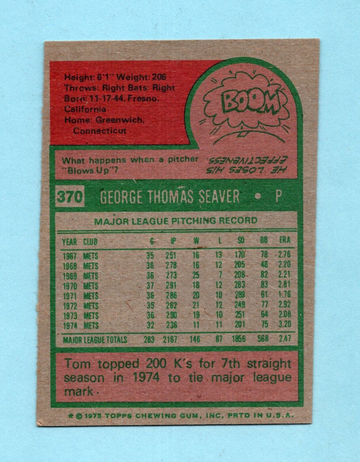 1975 Topps #370 Tom Seaver New York Mets Baseball Card Ex/Mt app dia shp cres