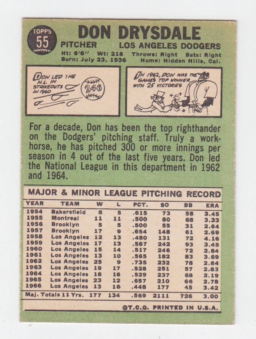 1967 Topps #55 Don Drysdale Los Angeles Dodgers Baseball Card EX+ o/c